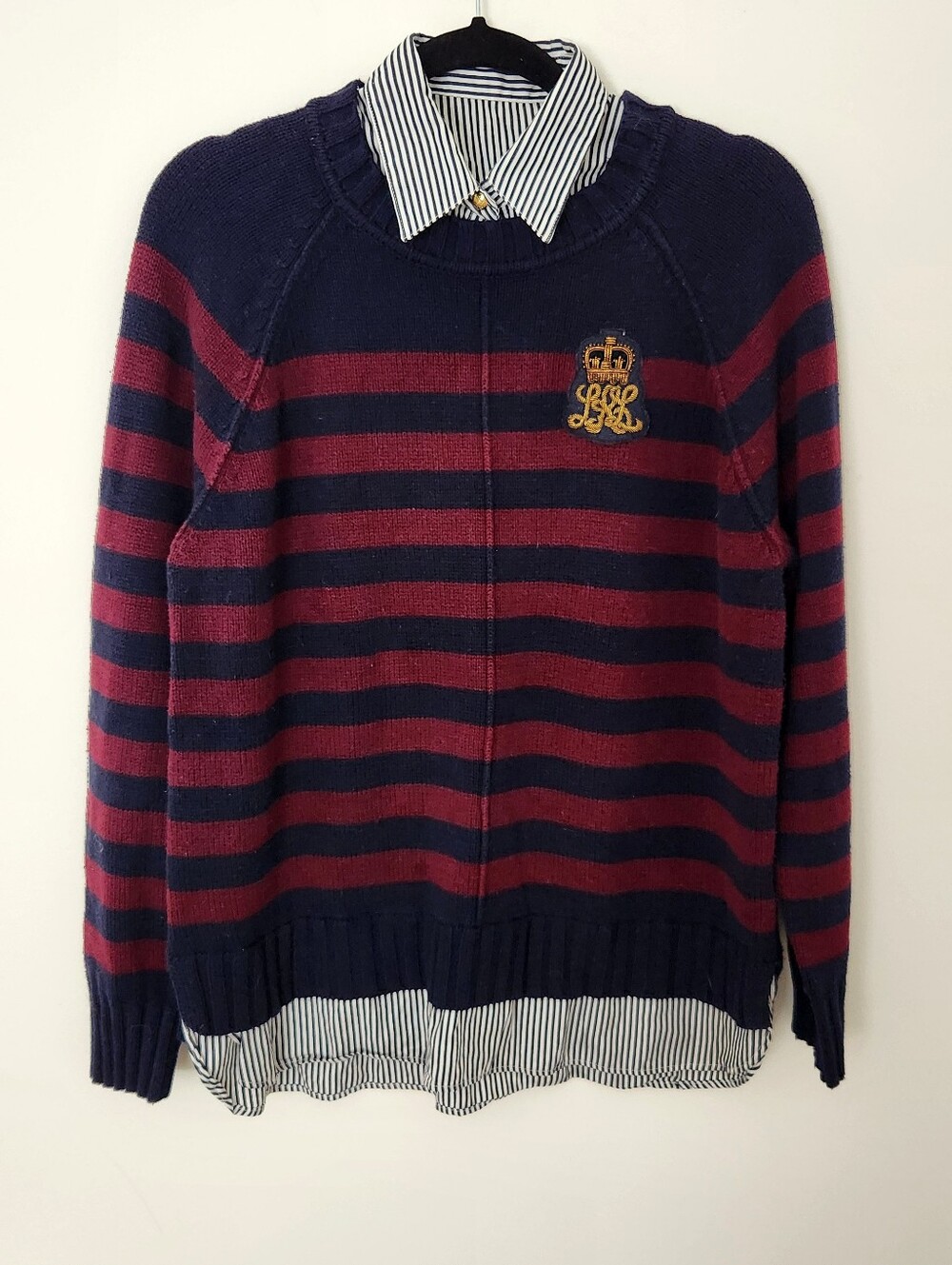 Lauren Ralph Lauren XL Bullion Crest Faux Layered Striped Sweater